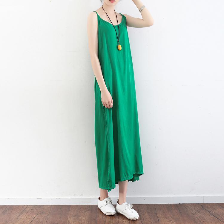 green casual cotton maxi dress plus size silk sundress sleeveless women dress - Omychic