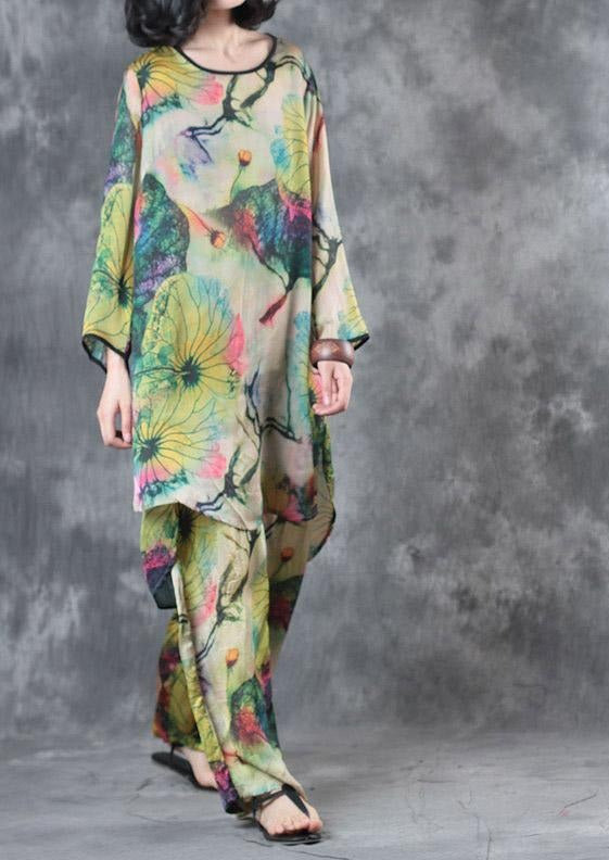 Green Casual Prints Silk Tops And Vintage Loose Wide Leg Pant Two Pieces ( Limited Stock) - Omychic