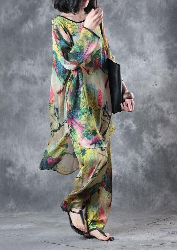 Green Casual Prints Silk Tops And Vintage Loose Wide Leg Pant Two Pieces