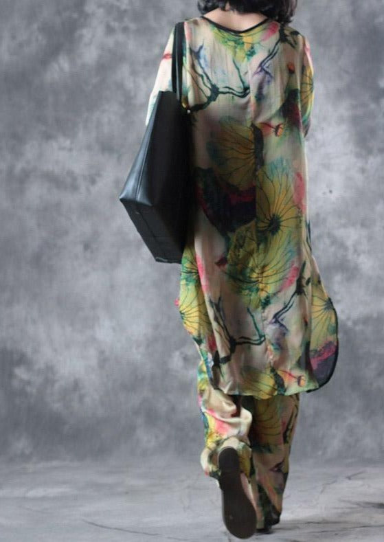 Green Casual Prints Silk Tops And Vintage Loose Wide Leg Pant Two Pieces ( Limited Stock) - Omychic