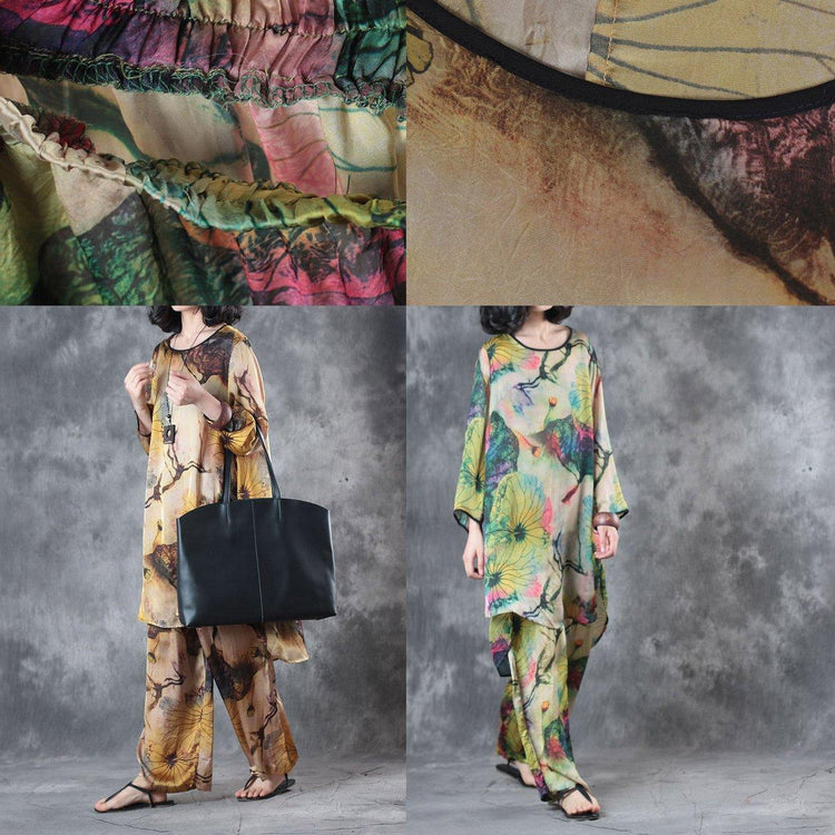 Green Casual Prints Silk Tops And Vintage Loose Wide Leg Pant Two Pieces ( Limited Stock) - Omychic