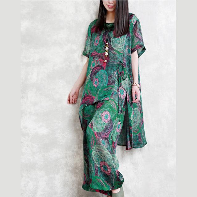 Green Casual Chiffon Two Pieces Fashion Asymmetric Tops And Loose Wide Leg Pants - Omychic