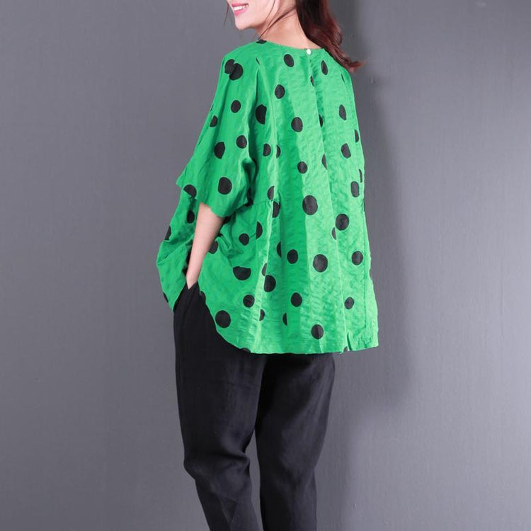green dotted casual linen tops plus size stylish blouse short sleeve t shirt - Omychic