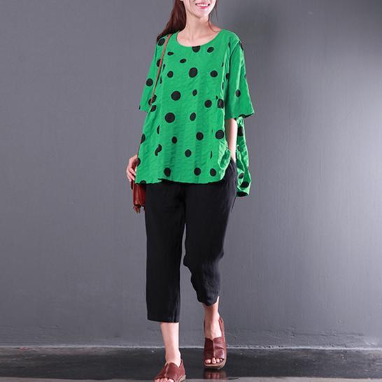 green dotted casual linen tops plus size stylish blouse short sleeve t shirt - Omychic