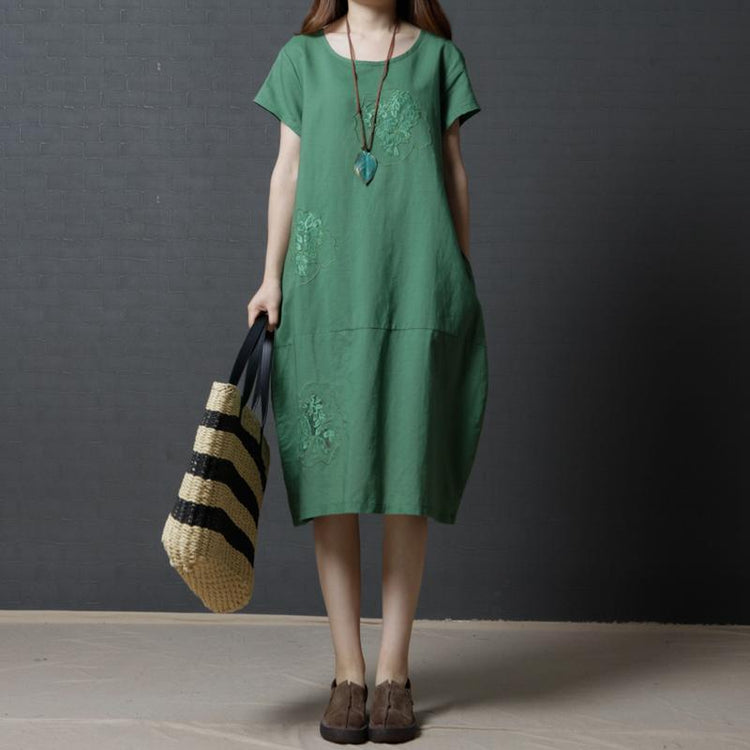 green embroidery floral linen dresses stylish oversize sundress short sleeve holiday dress - Omychic