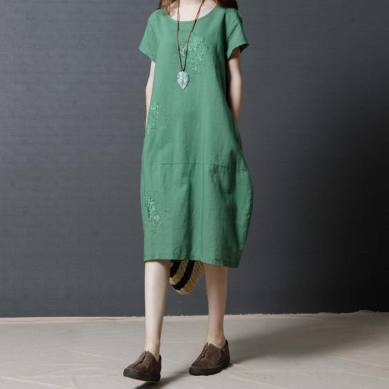 green embroidery floral linen dresses stylish oversize sundress short sleeve holiday dress - Omychic
