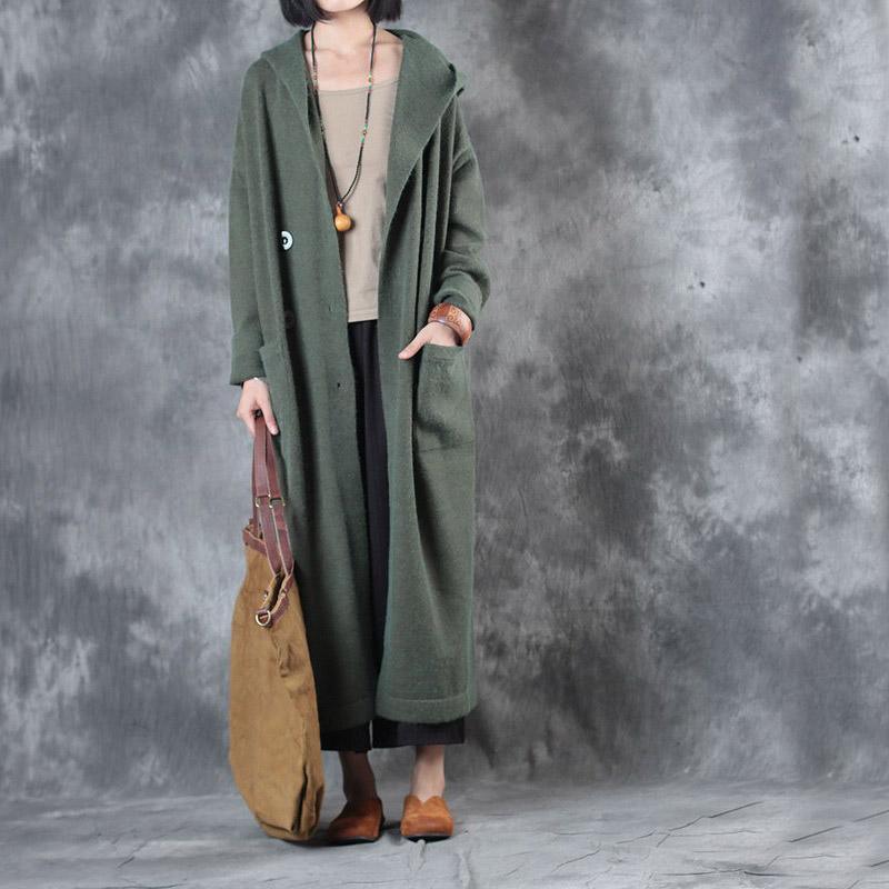 Green Fashion Double Breast Woolen Knit Outwear Oversize Hooded Long Sweater Trench Coats - Omychic