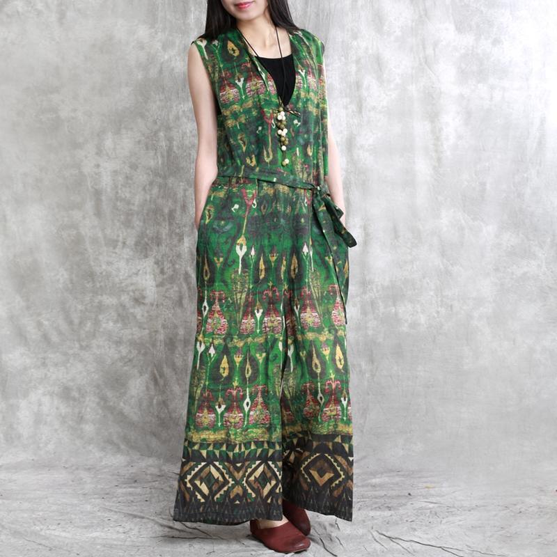 green floral casual linen traveling clothes fashion women v neck sleeveless jumpsuit pants - Omychic