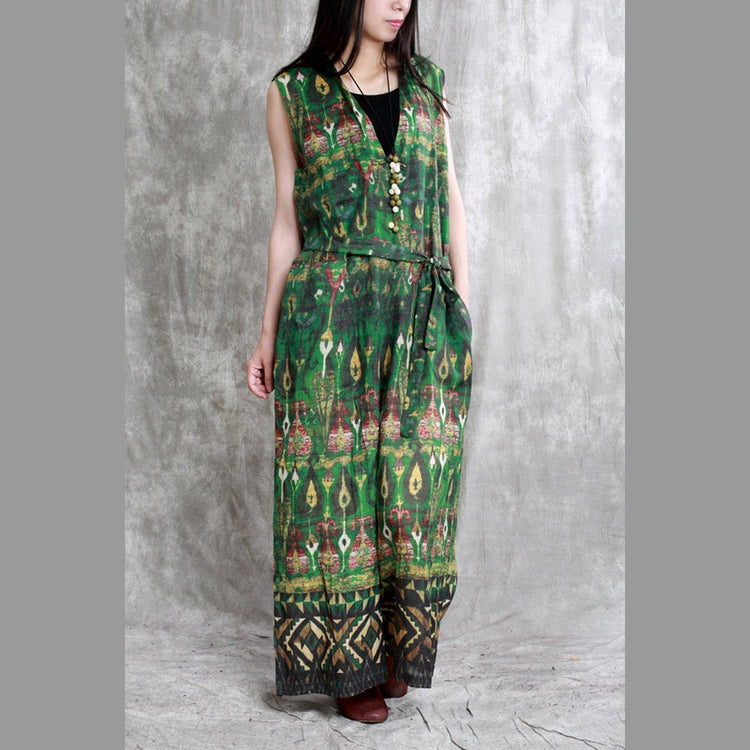 green floral casual linen traveling clothes fashion women v neck sleeveless jumpsuit pants - Omychic