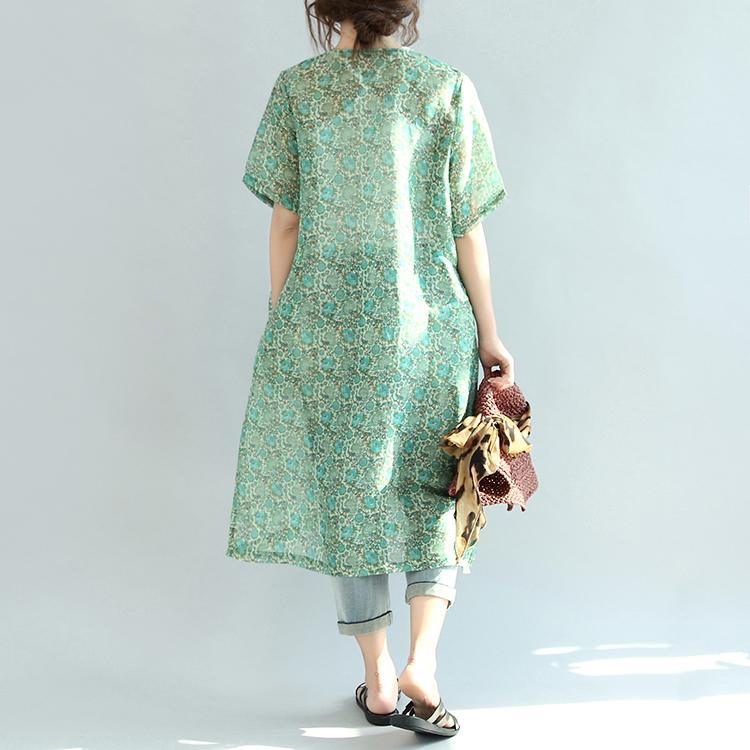 green floral silk linen mandarin dresses plus size sundress half sleeve maxi dress - Omychic