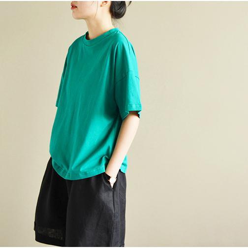 green loose women cotton blouse pullover o neck casual t shirt - Omychic