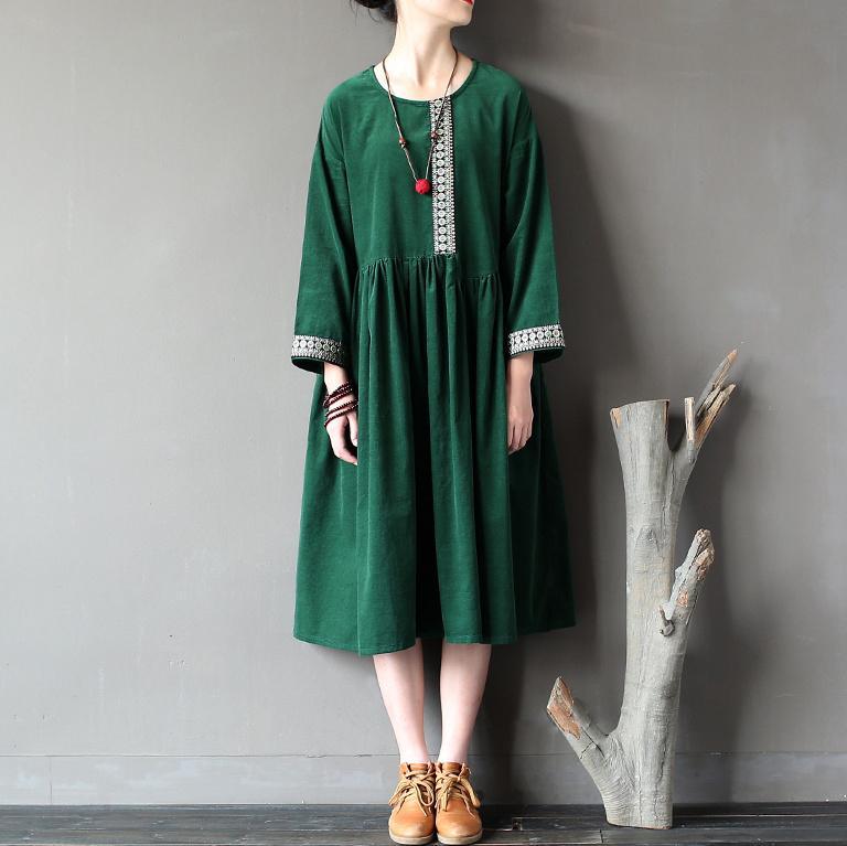 green patchwork corduroy cotton maxi dresses oversize casual o neck women dress - Omychic