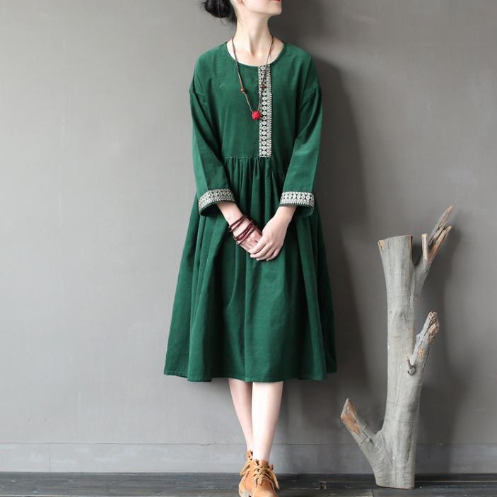 green patchwork corduroy cotton maxi dresses oversize casual o neck women dress - Omychic