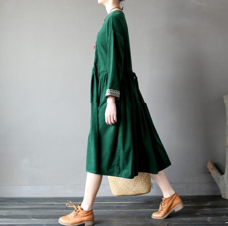 green patchwork corduroy cotton maxi dresses oversize casual o neck women dress - Omychic