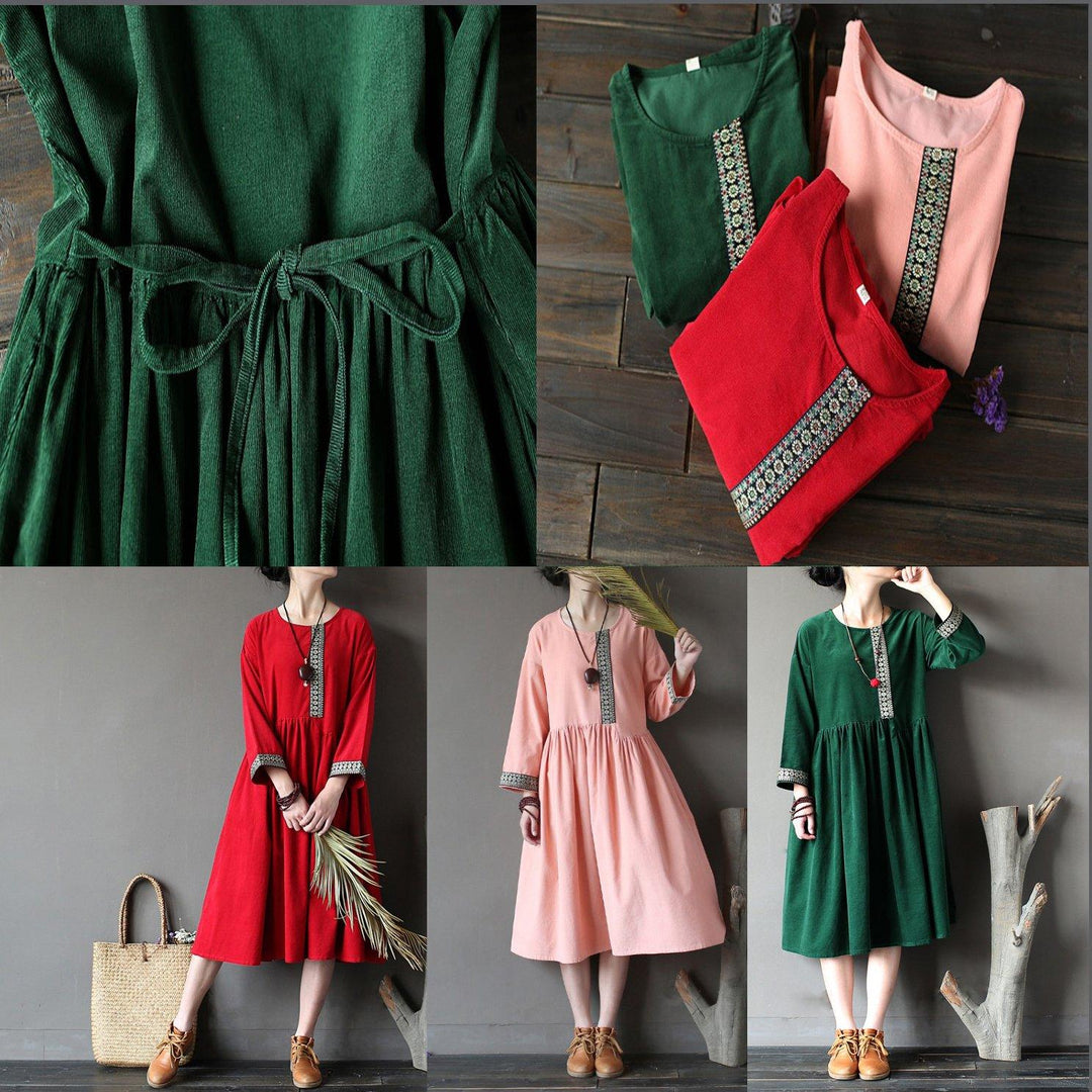 green patchwork corduroy cotton maxi dresses oversize casual o neck women dress - Omychic