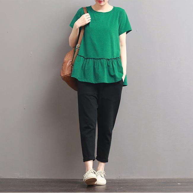 green plus size cotton pullover summer casual blouse short sleeve t shirt - Omychic