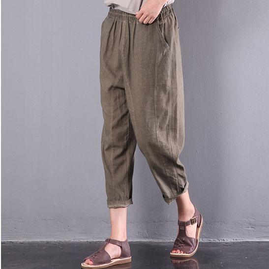 green plus size linen pants elastic waist vintage trousers - Omychic