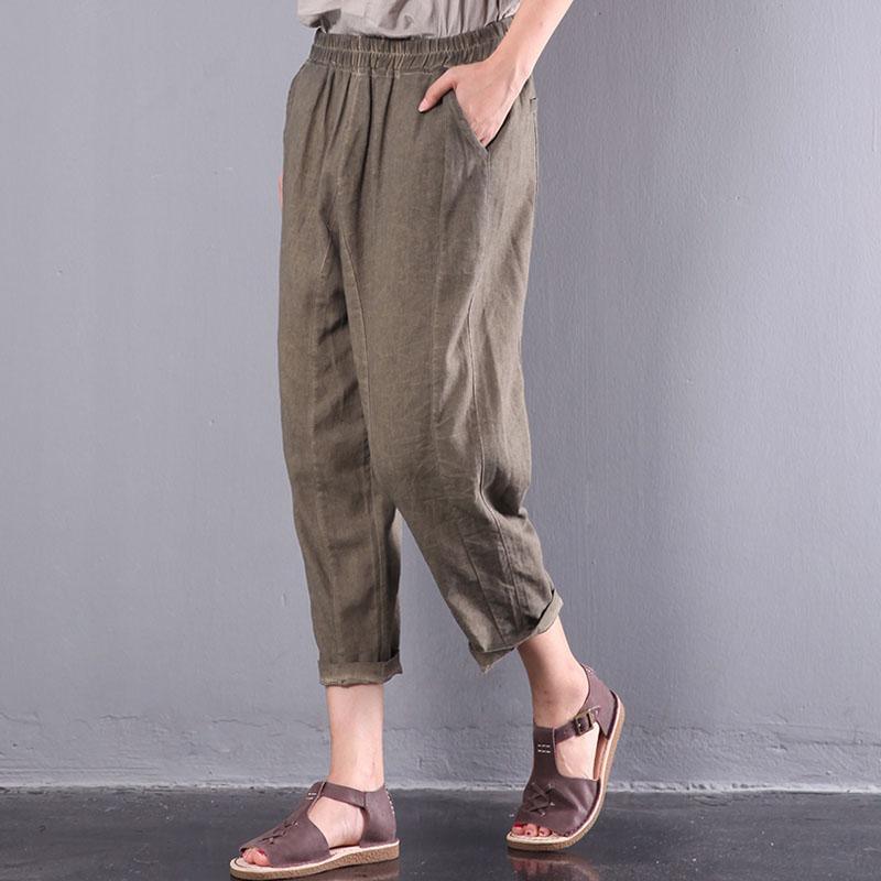 green plus size linen pants elastic waist vintage trousers - Omychic