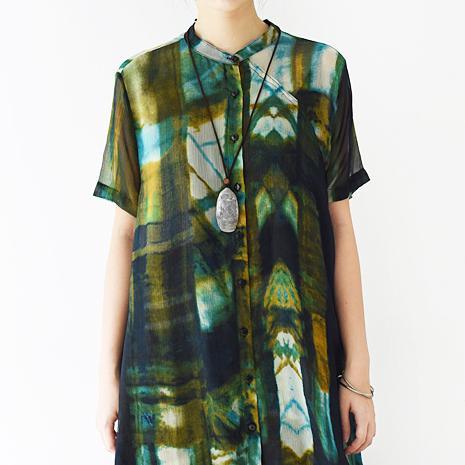 green print chiffon beach coat plus size casual silk sundress short sleeve cardigans - Omychic