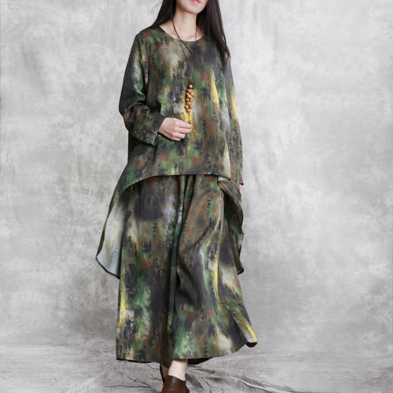green prints linen low high tops with casual elastic waist wide leg pants - Omychic