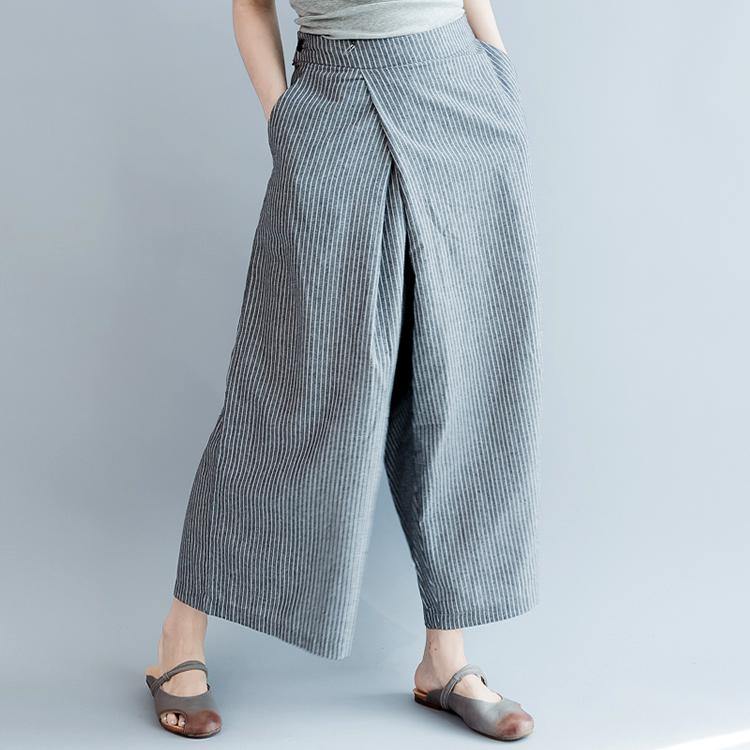 green prints linen low high tops with casual elastic waist wild wide leg pants - Omychic