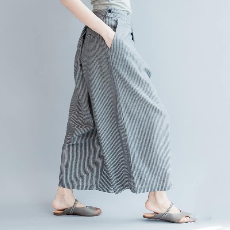 green prints linen low high tops with casual elastic waist wild wide leg pants - Omychic