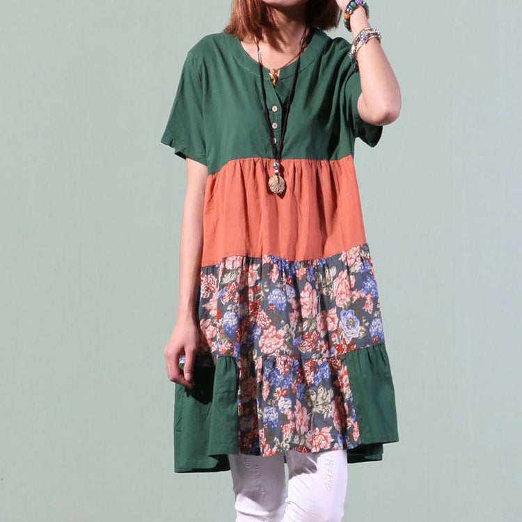 green short sleeve sundress o neck print patchwork shift dress oversize casual dresses - Omychic