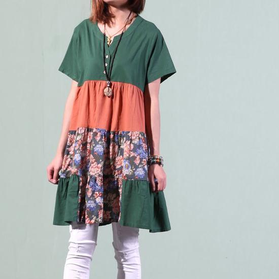 green short sleeve sundress o neck print patchwork shift dress oversize casual dresses - Omychic