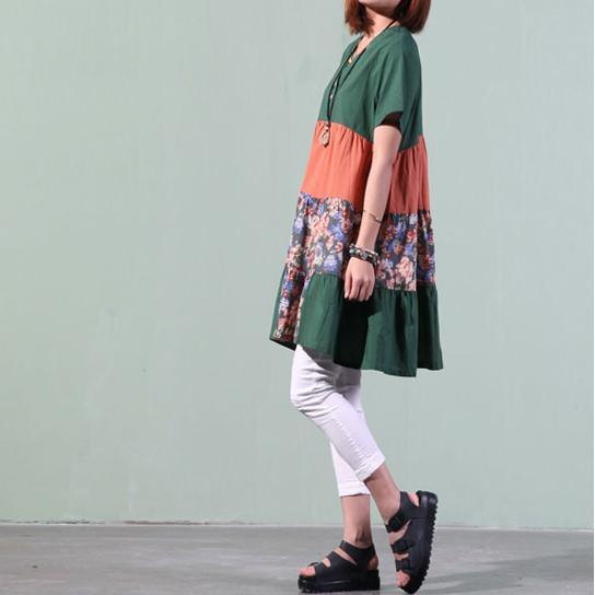 green short sleeve sundress o neck print patchwork shift dress oversize casual dresses - Omychic