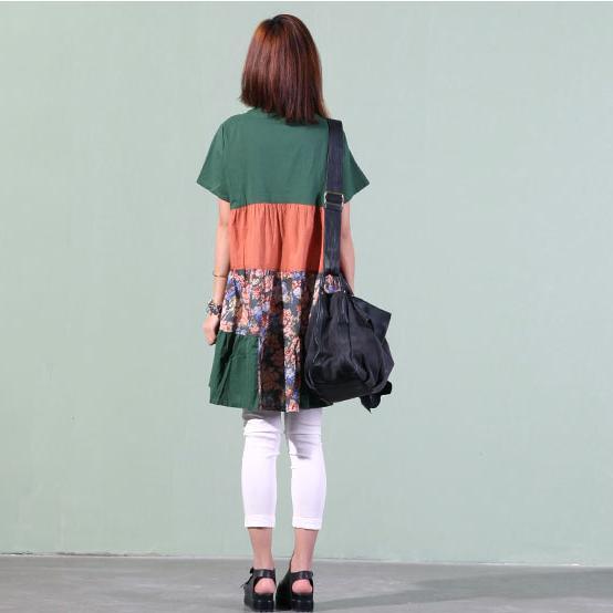 green short sleeve sundress o neck print patchwork shift dress oversize casual dresses - Omychic