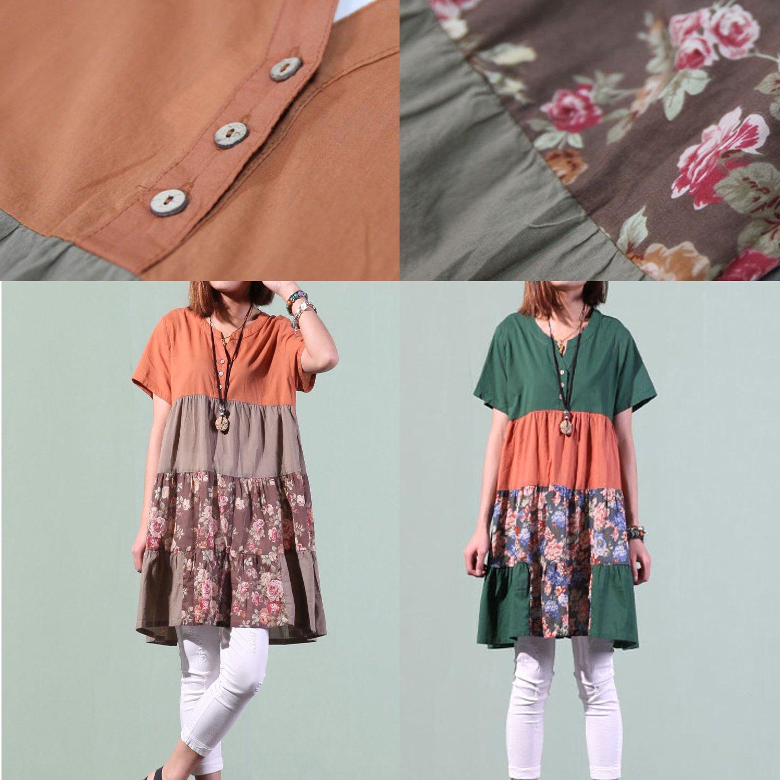 green short sleeve sundress o neck print patchwork shift dress oversize casual dresses - Omychic