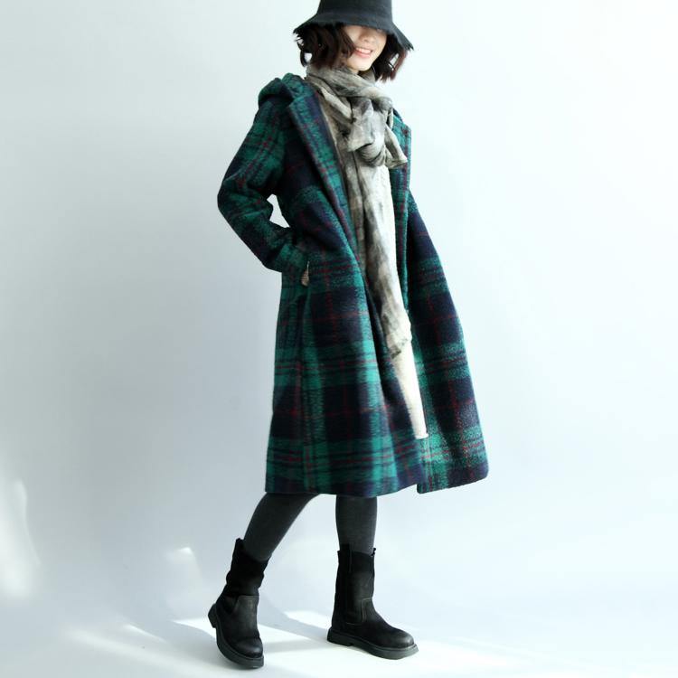 green wool coat plus size hooded maxi coat vintage plaid Jackets & Coats - Omychic