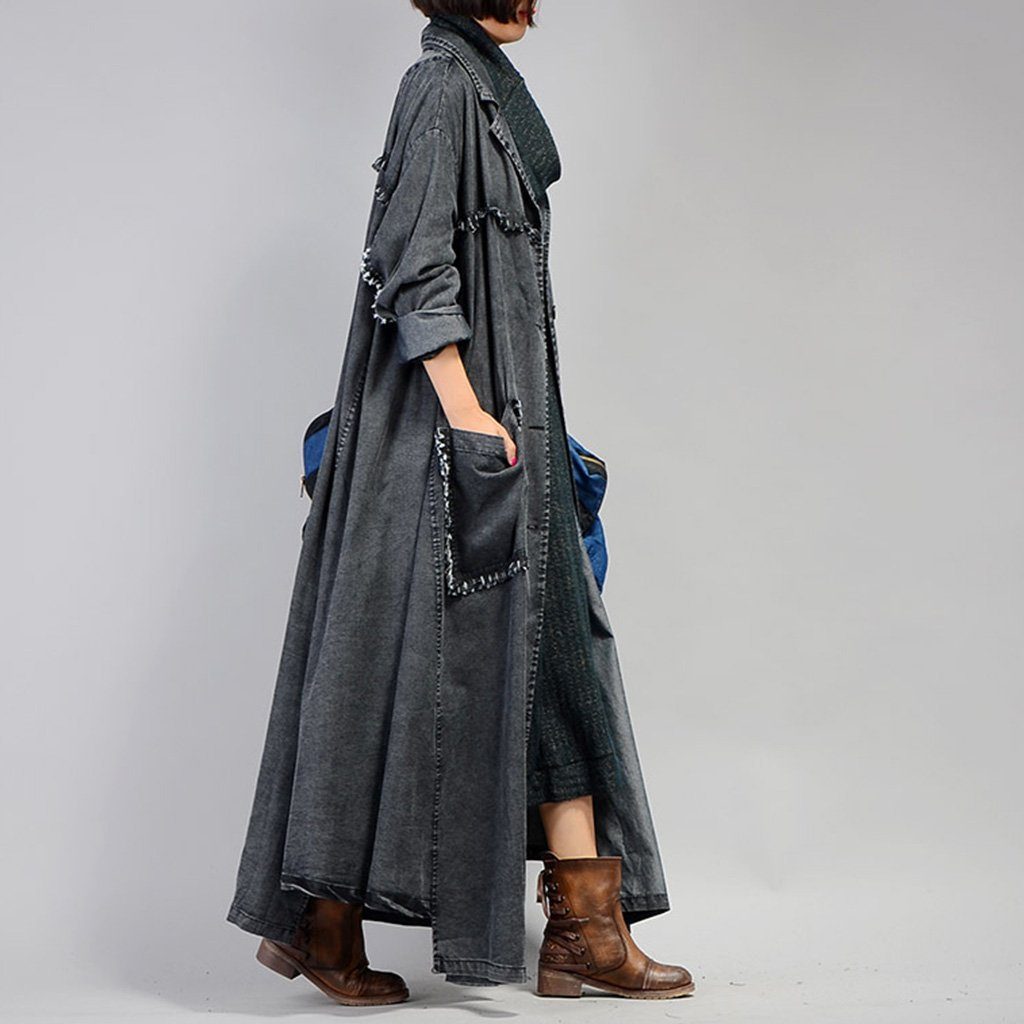 Irregular Denim Long Trench Coat Long Sleeve