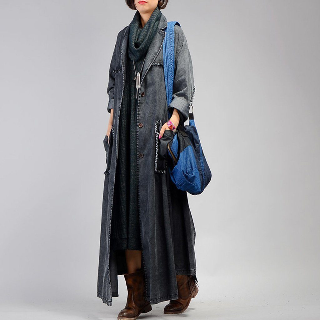 Irregular Denim Long Trench Coat Long Sleeve