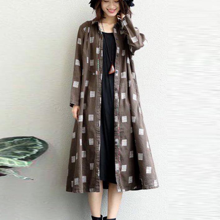 Khaki Linen Coat Plus Size Lapel Collar Long Coat 2021 Appliques Coat - Omychic
