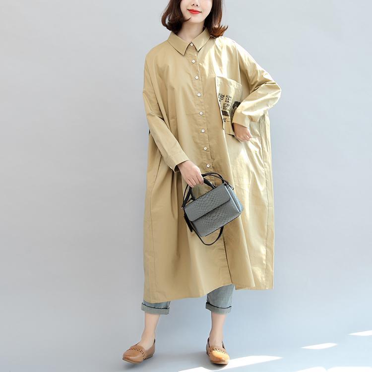 khaki alphabet animal print cotton blouse plus size casual dresses long sleeve shirt dress - Omychic