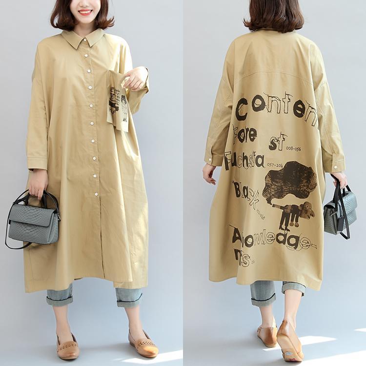 khaki alphabet animal print cotton blouse plus size casual dresses long sleeve shirt dress - Omychic