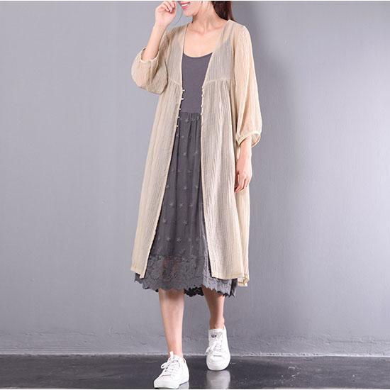 khaki baggy linen cardigans oversize casual bracelet sleeved long shirts - Omychic