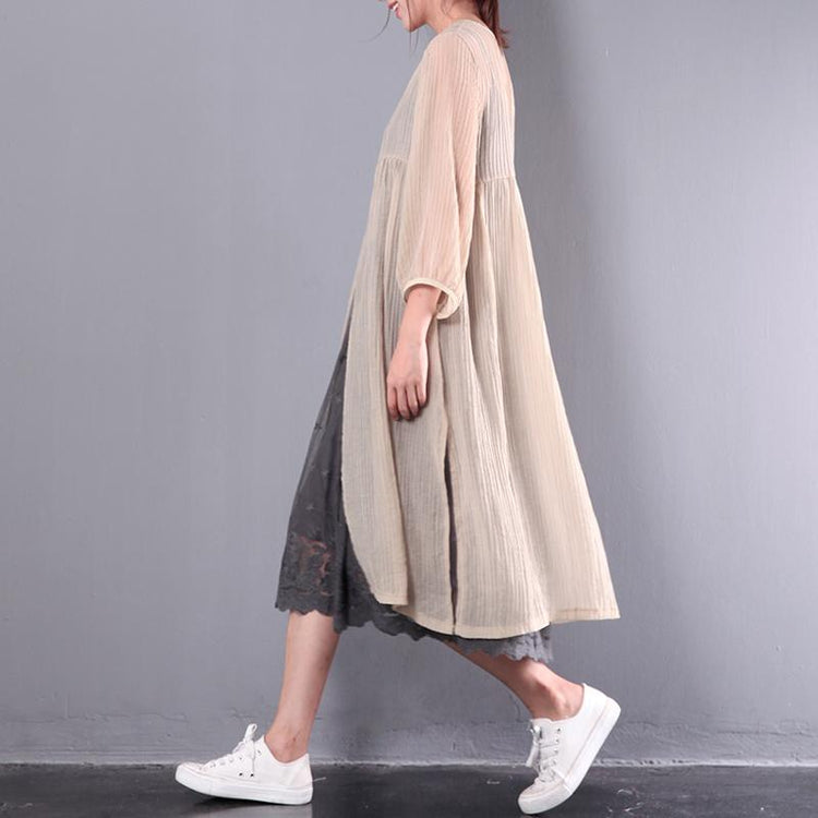 khaki baggy linen cardigans oversize casual bracelet sleeved long shirts - Omychic