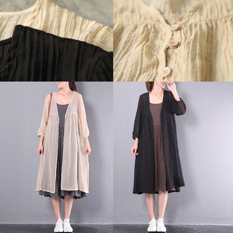 khaki baggy linen cardigans oversize casual bracelet sleeved long shirts - Omychic