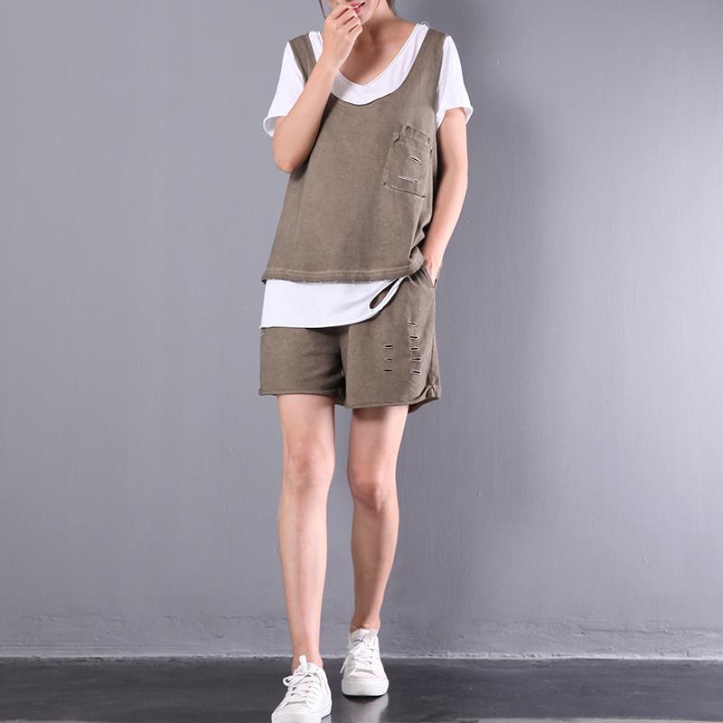 khaki casual cotton tops loose stylish shorts top and pants three pieces - Omychic
