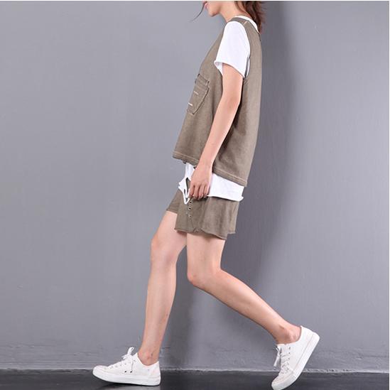 khaki casual cotton tops loose stylish shorts top and pants three pieces - Omychic