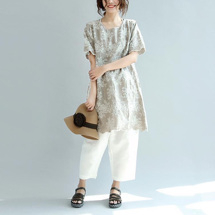 khaki casual linen tops embroidery stylish sundress o neck t shirt dress - Omychic