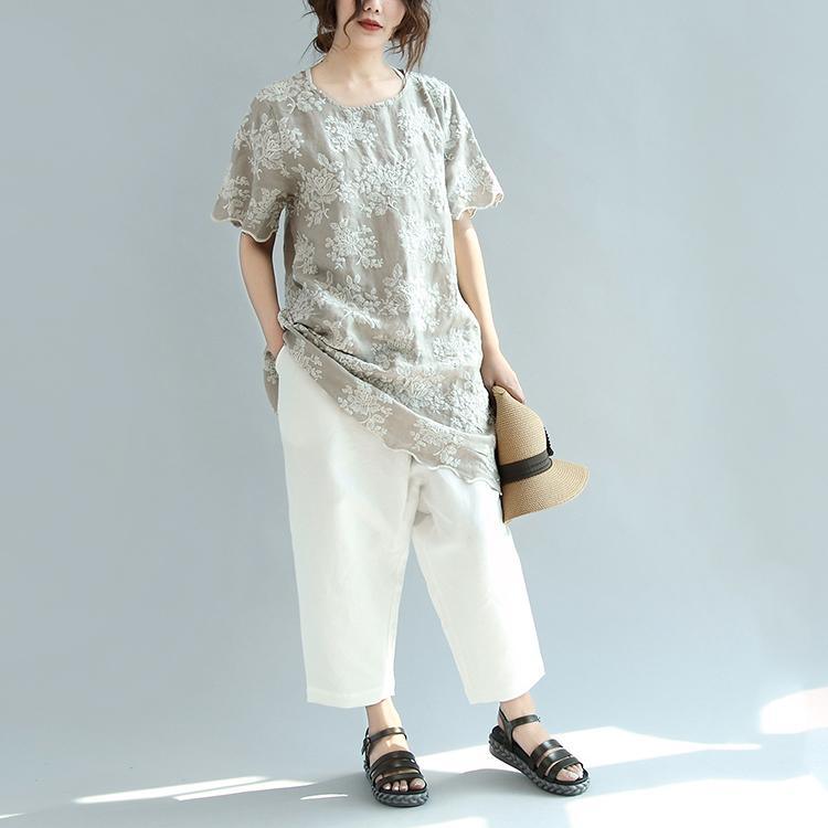 khaki casual linen tops embroidery stylish sundress o neck t shirt dress - Omychic