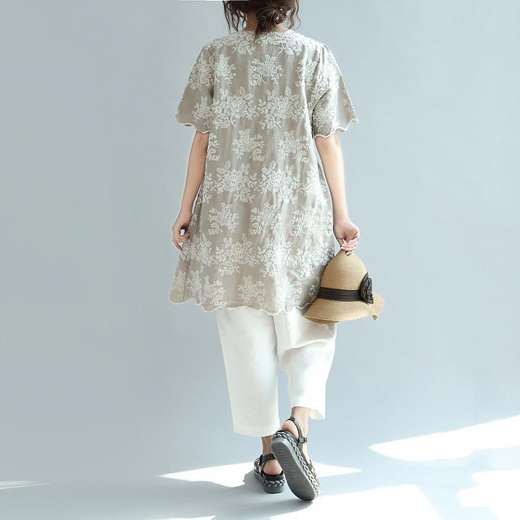 khaki casual linen tops embroidery stylish sundress o neck t shirt dress - Omychic