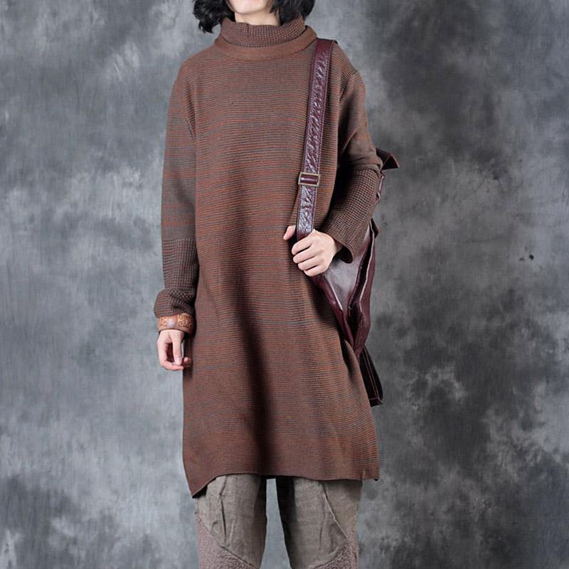 khaki casual sweater dresses high neck long thick knit dress - Omychic