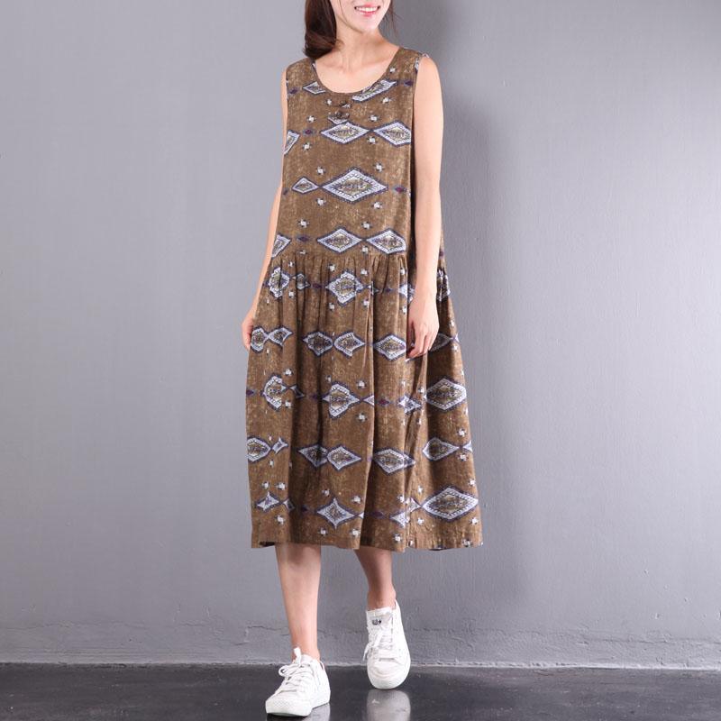 khaki geometric print linen dresses plus size casual sundress short sleeve pleated dress - Omychic