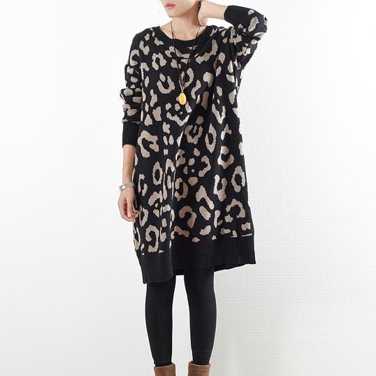 khaki leopard prints vintage cotton sweater dresses plus size casual jacquard knit dress warm 2017 - Omychic