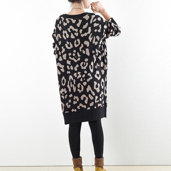 khaki leopard prints vintage cotton sweater dresses plus size casual jacquard knit dress warm 2017 - Omychic