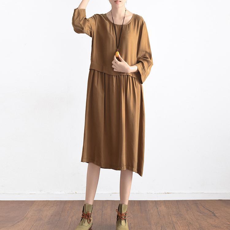 khaki long sleeve summer dress casual plus size silk maxi dresses long sleeve sundress - Omychic